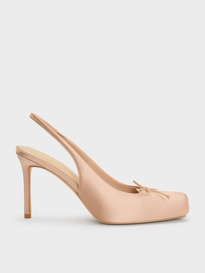 Satin Ruched Stiletto Slingback Pumps - Nude | CHARLES & KEITH