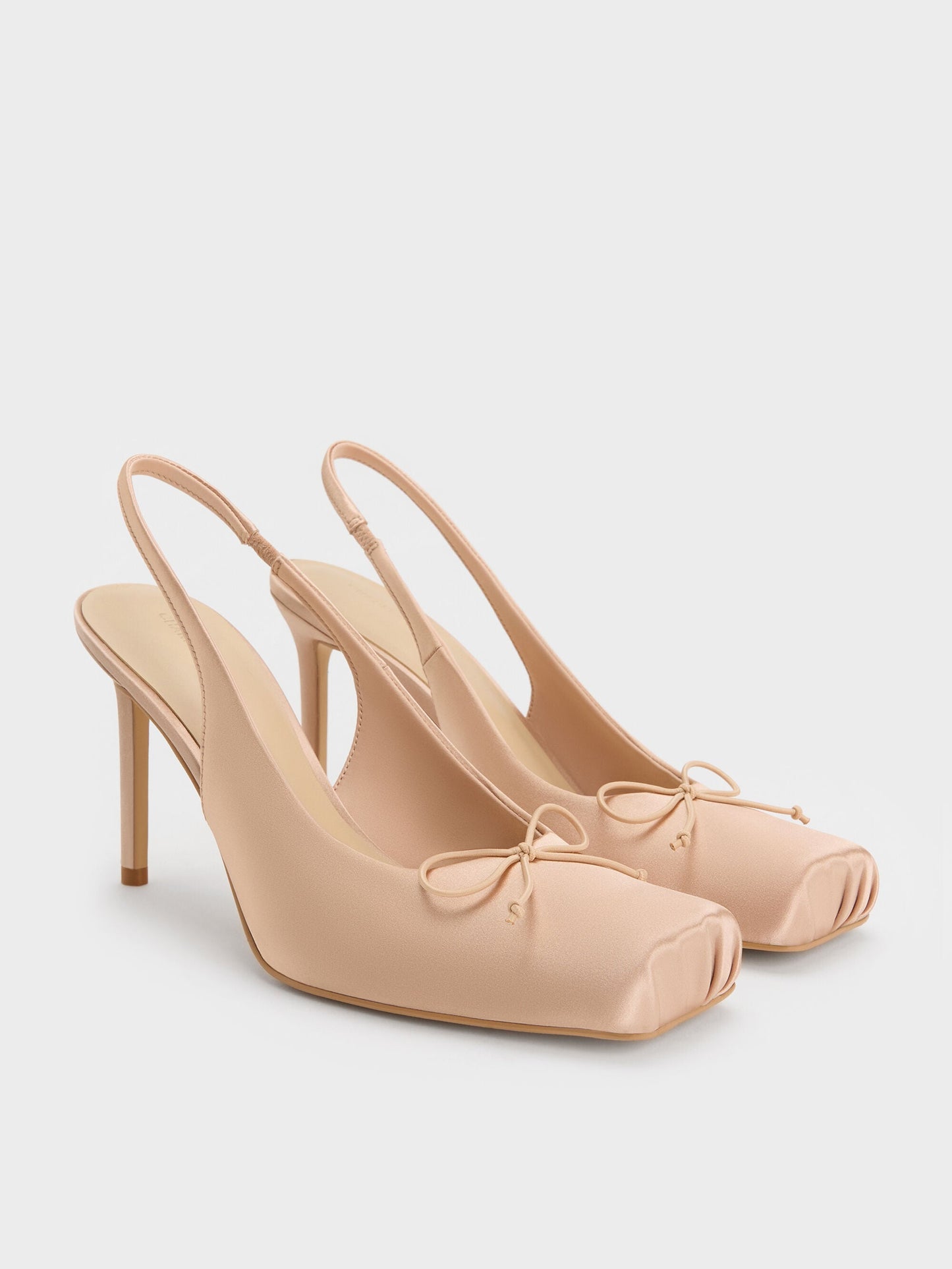 Satin Ruched Stiletto Slingback Pumps - Nude | CHARLES & KEITH