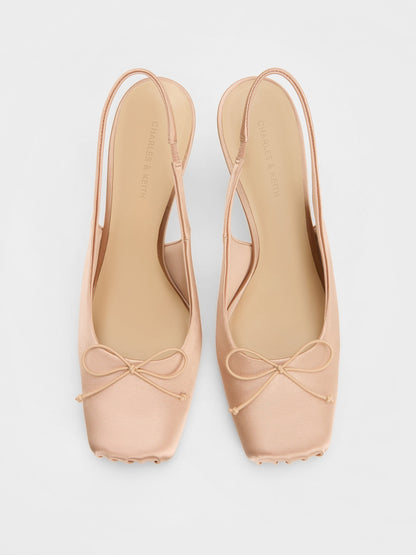 Satin Ruched Stiletto Slingback Pumps - Nude | CHARLES & KEITH