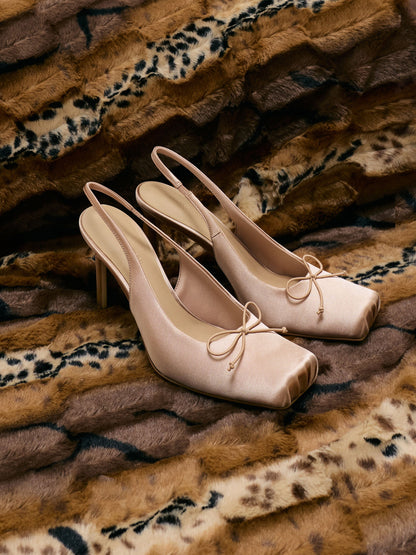 Satin Ruched Stiletto Slingback Pumps - Nude | CHARLES & KEITH
