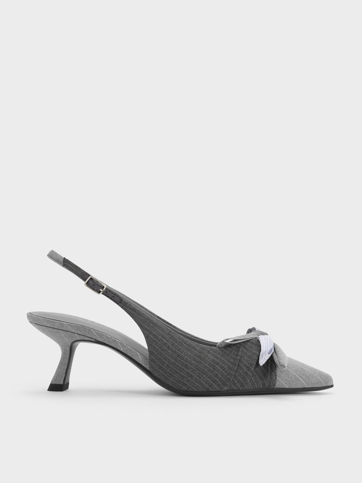 Striped Knot-Bow Pointed Slingback Pumps - Grey | CHARLES & KEITH