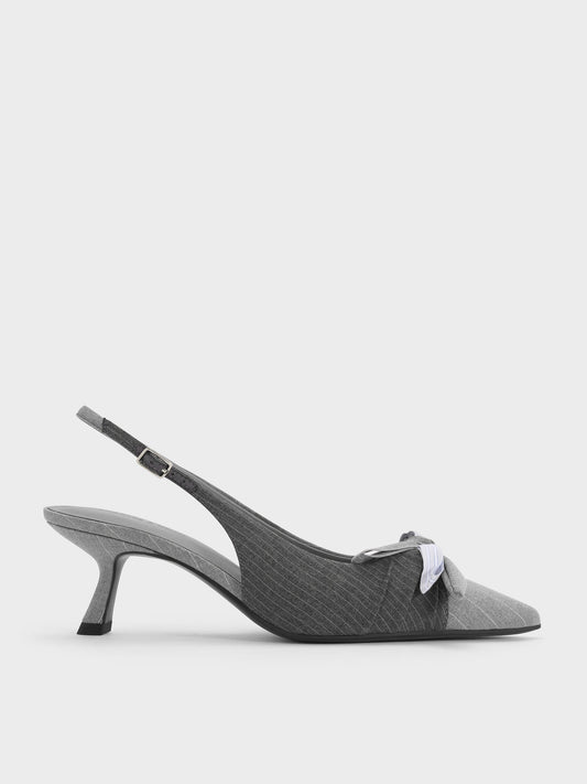 Striped Knot-Bow Pointed Slingback Pumps - Grey | CHARLES & KEITH