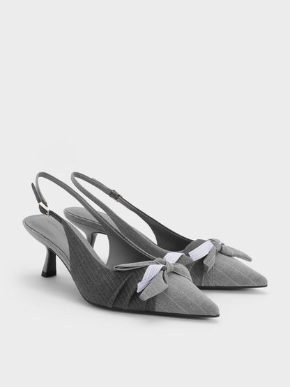Striped Knot-Bow Pointed Slingback Pumps - Grey | CHARLES & KEITH
