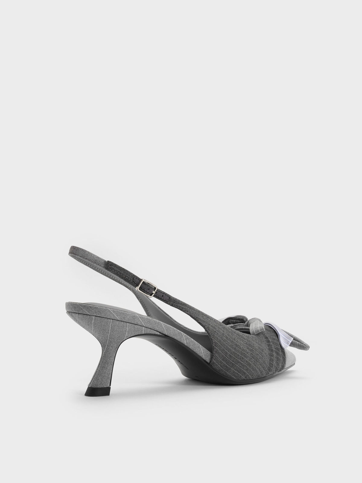 Striped Knot-Bow Pointed Slingback Pumps - Grey | CHARLES & KEITH