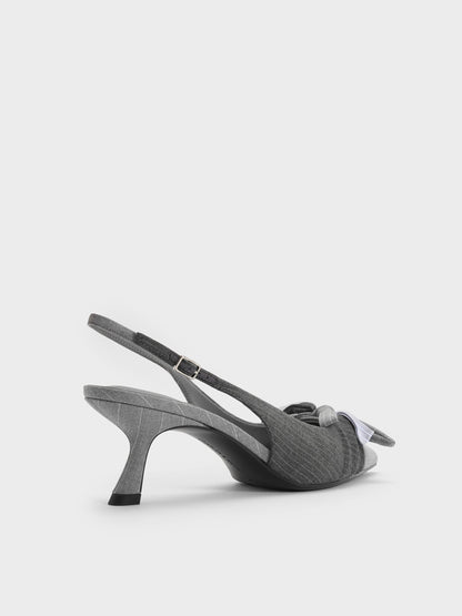Striped Knot-Bow Pointed Slingback Pumps - Grey | CHARLES & KEITH
