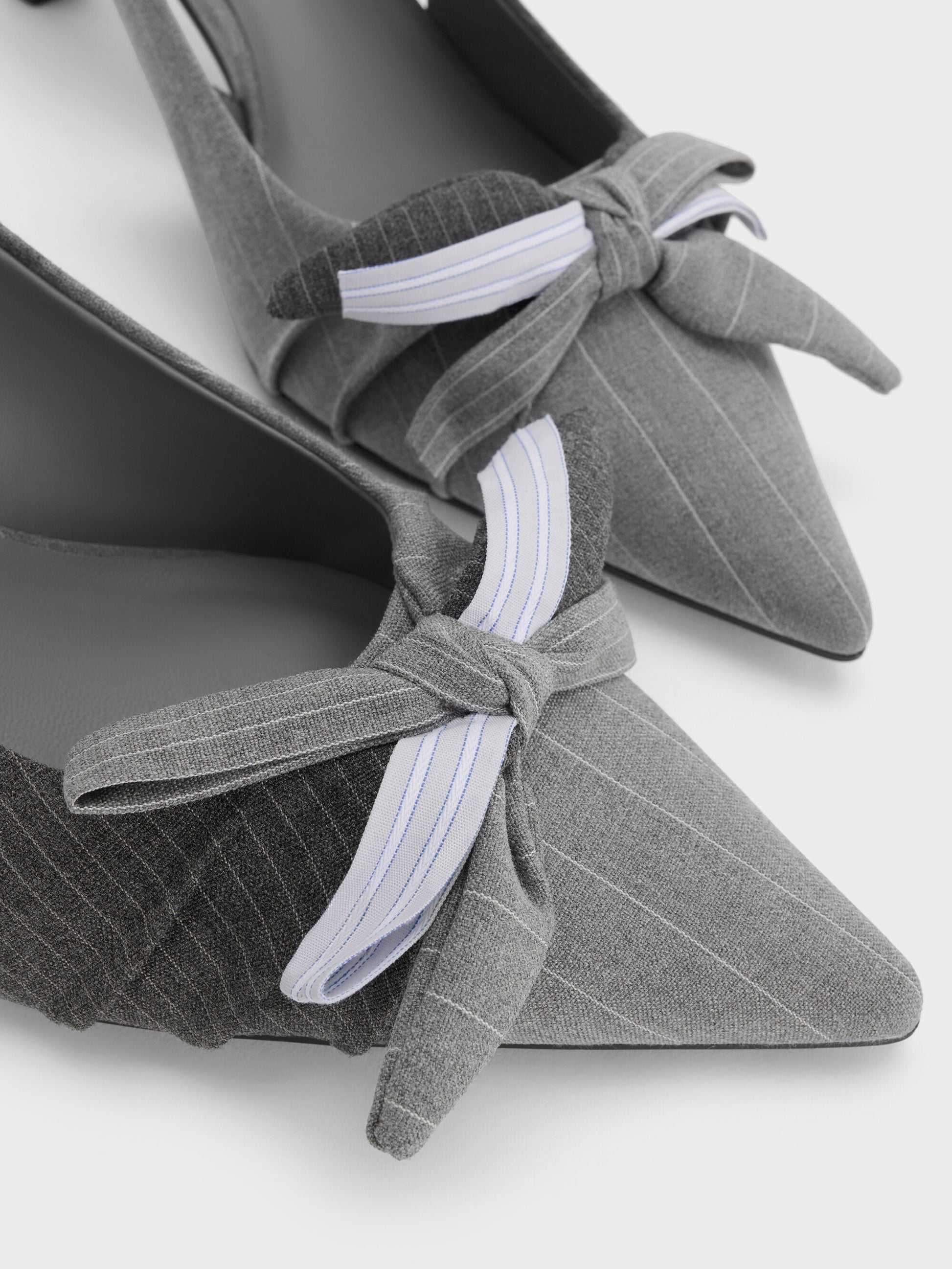 Striped Knot-Bow Pointed Slingback Pumps - Grey | CHARLES & KEITH