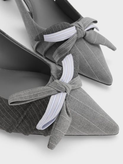 Striped Knot-Bow Pointed Slingback Pumps - Grey | CHARLES & KEITH