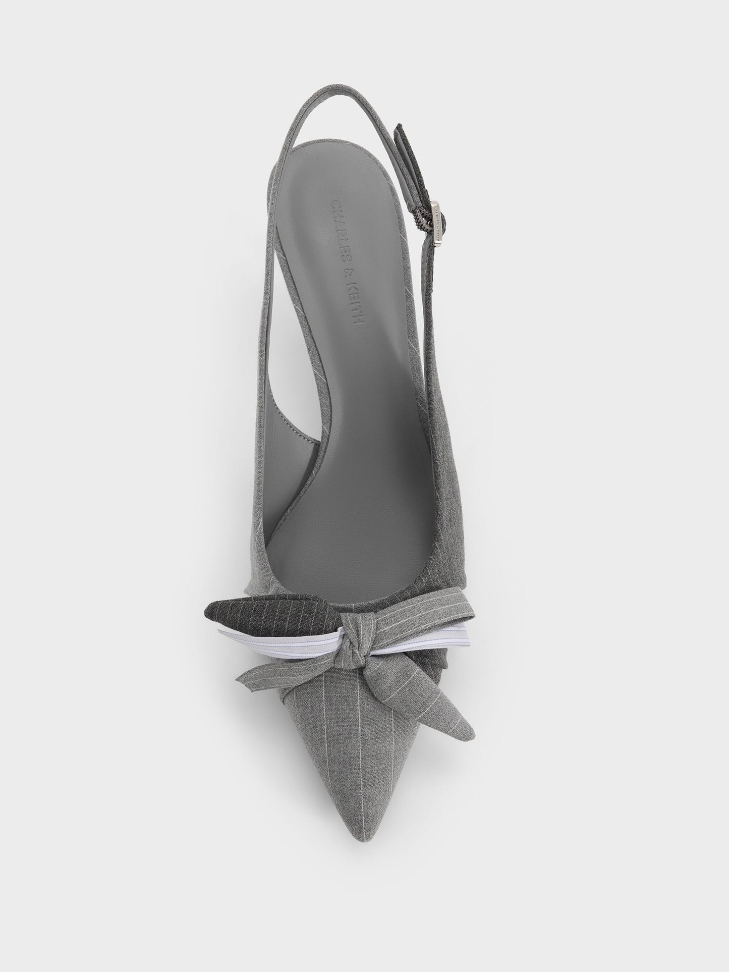 Striped Knot-Bow Pointed Slingback Pumps - Grey | CHARLES & KEITH