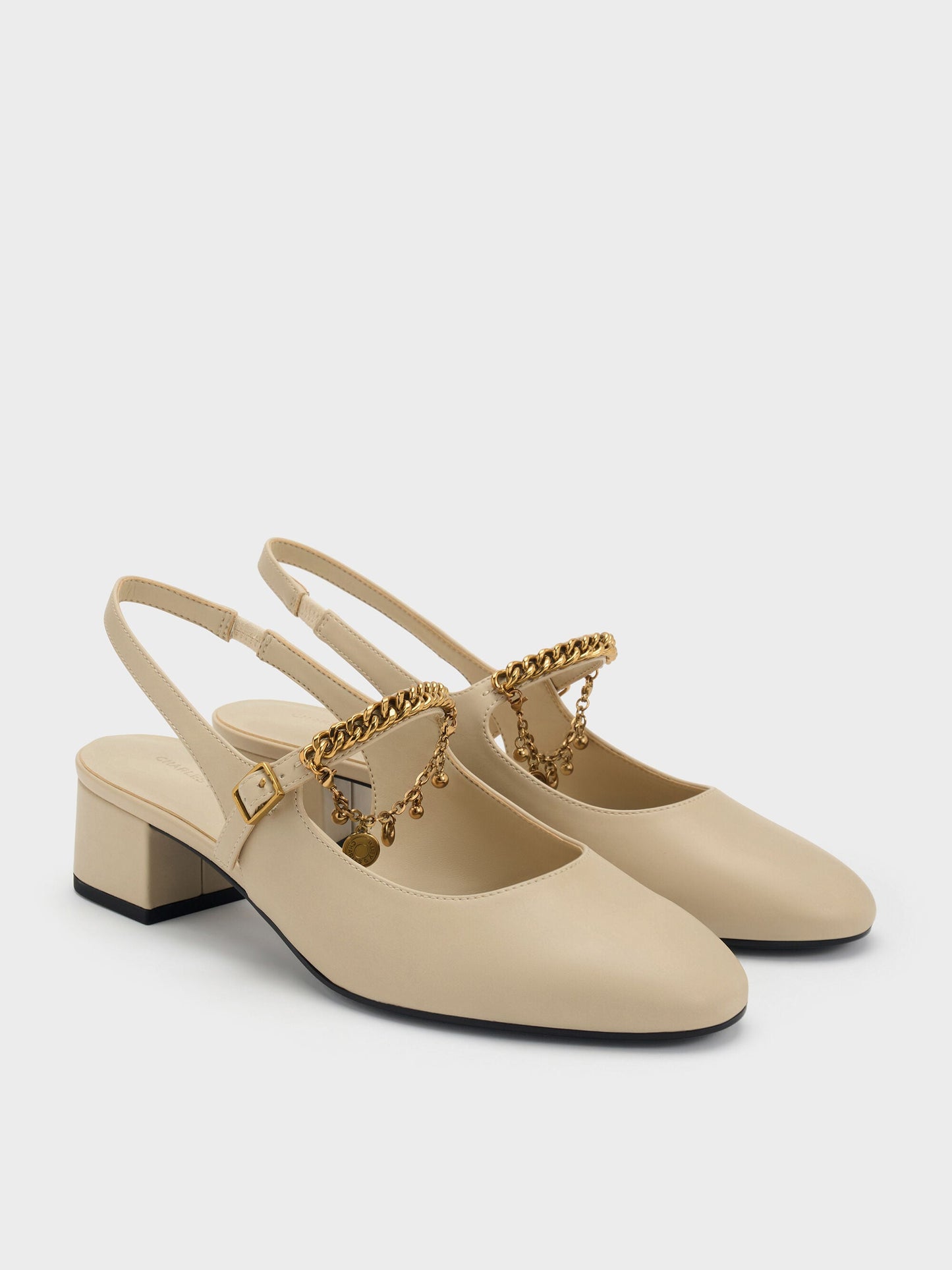 Double-Chain Charm Mary Jane Slingback Pumps - Chalk | CHARLES & KEITH
