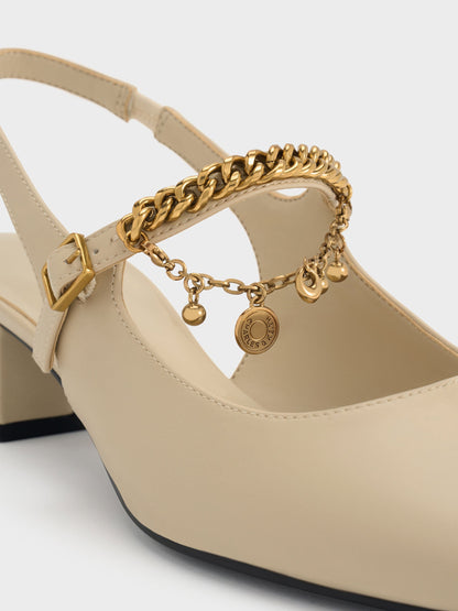 Double-Chain Charm Mary Jane Slingback Pumps - Chalk | CHARLES & KEITH