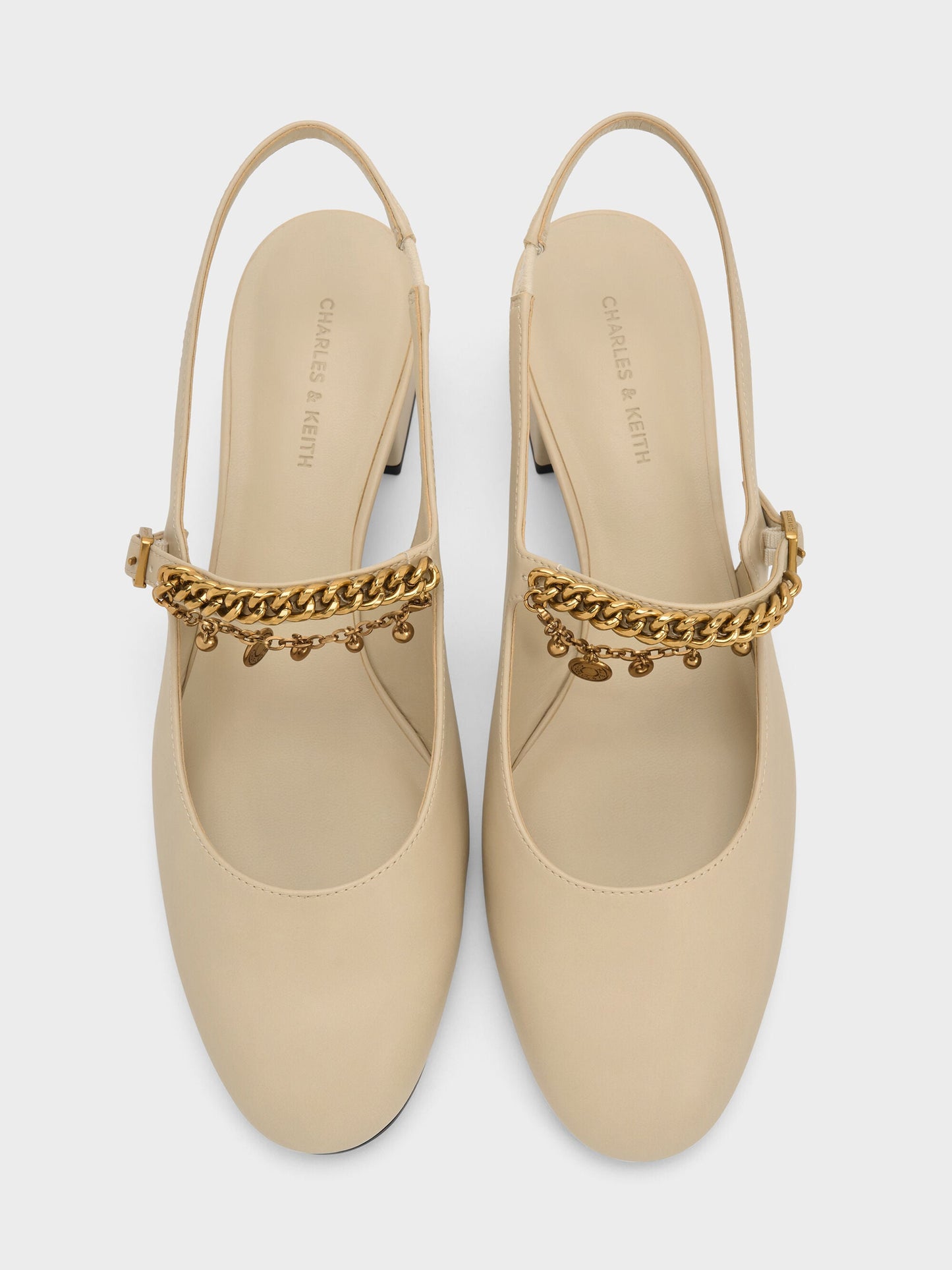 Double-Chain Charm Mary Jane Slingback Pumps - Chalk | CHARLES & KEITH