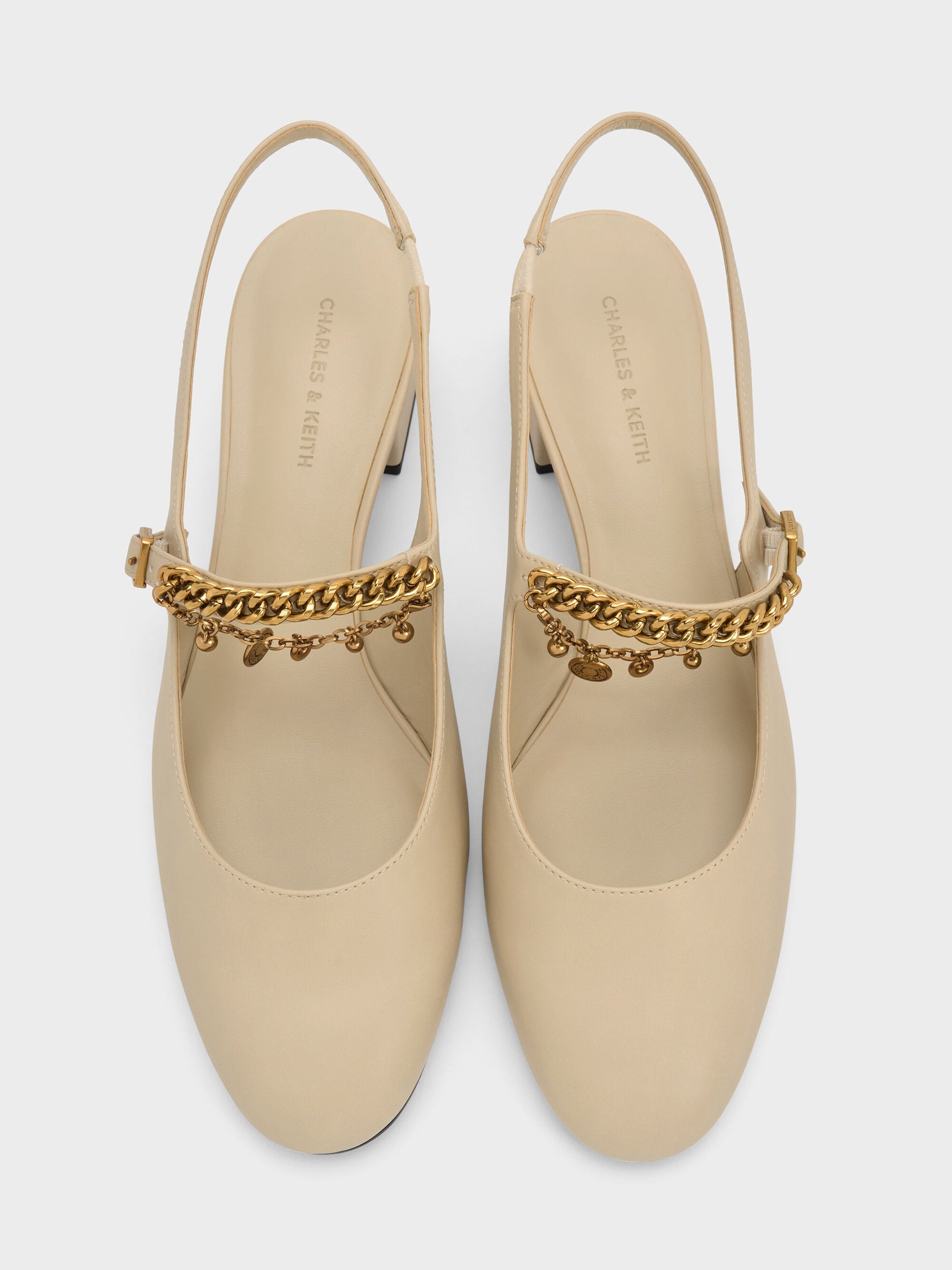 Double-Chain Charm Mary Jane Slingback Pumps - Chalk | CHARLES & KEITH