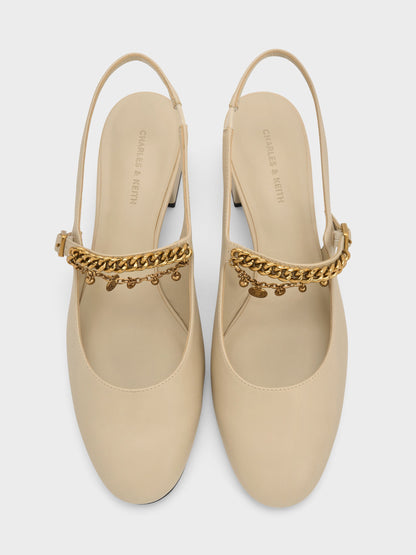 Double-Chain Charm Mary Jane Slingback Pumps - Chalk | CHARLES & KEITH