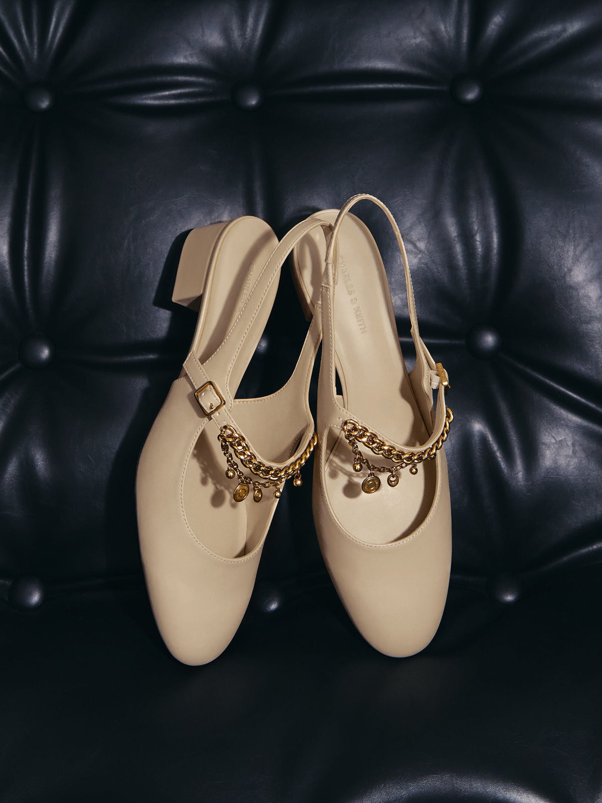 Double-Chain Charm Mary Jane Slingback Pumps - Chalk | CHARLES & KEITH