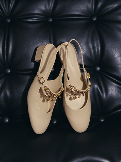 Double-Chain Charm Mary Jane Slingback Pumps - Chalk | CHARLES & KEITH
