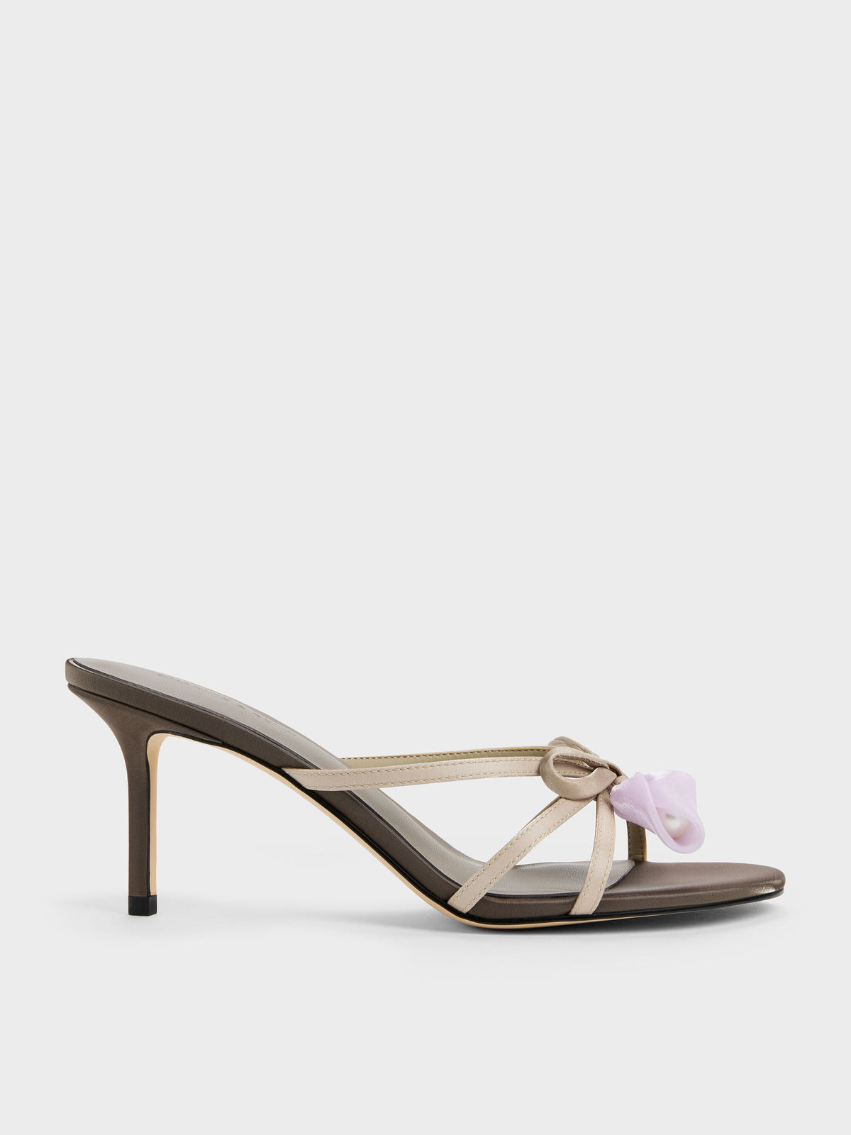 Bow Flower-Pearl Heeled Mules - Dark Brown Textured | CHARLES & KEITH