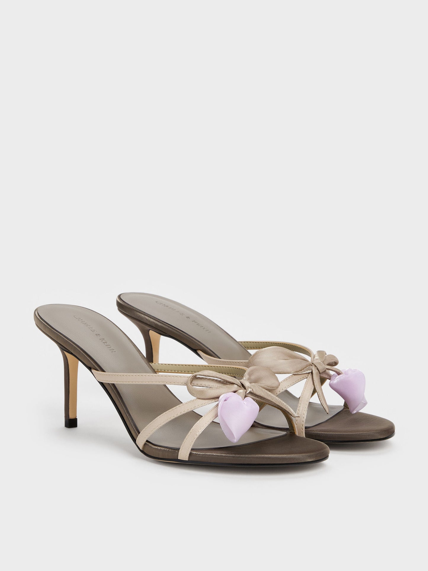 Bow Flower-Pearl Heeled Mules - Dark Brown Textured | CHARLES & KEITH