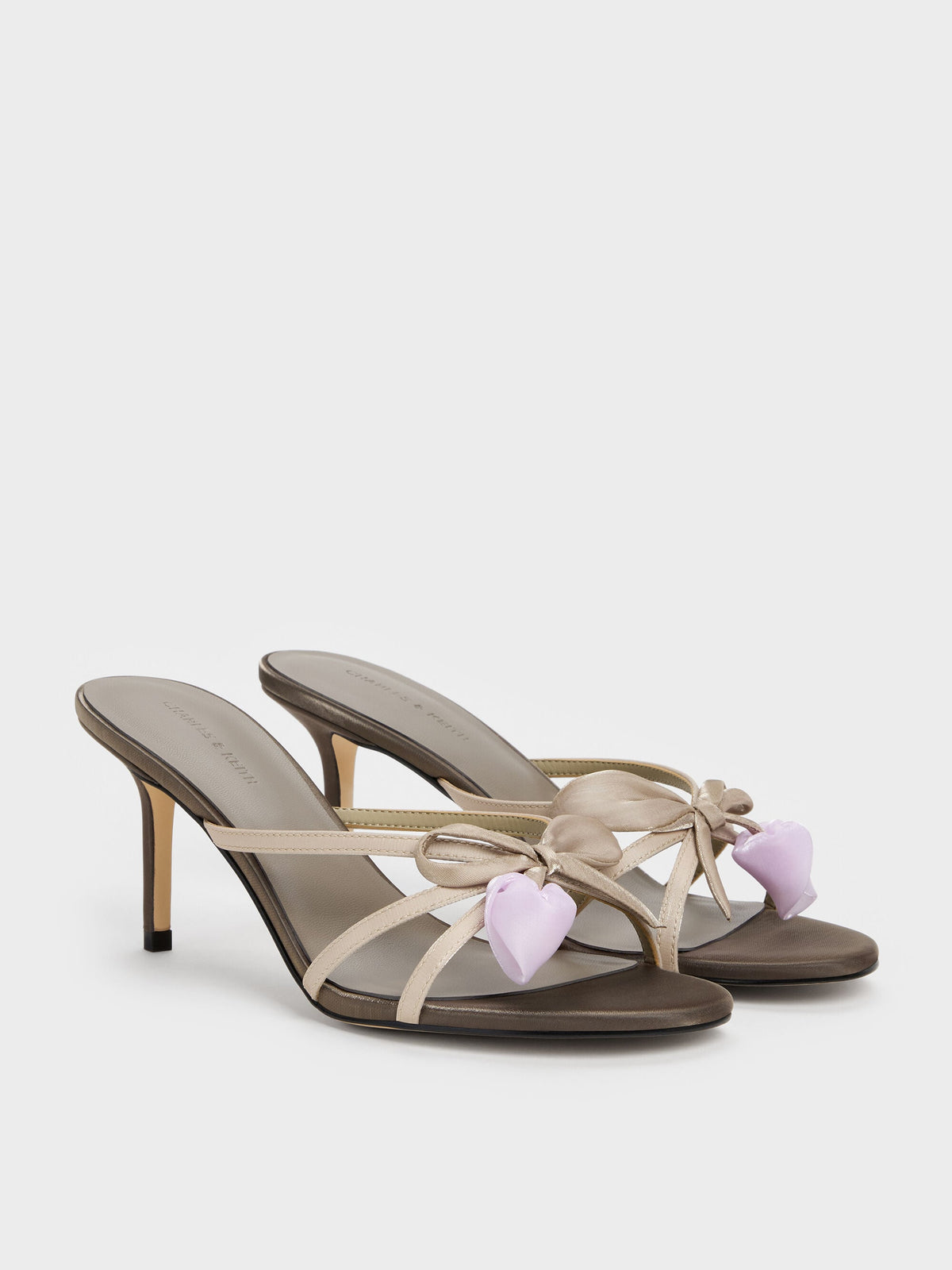 Bow Flower-Pearl Heeled Mules - Dark Brown Textured | CHARLES & KEITH