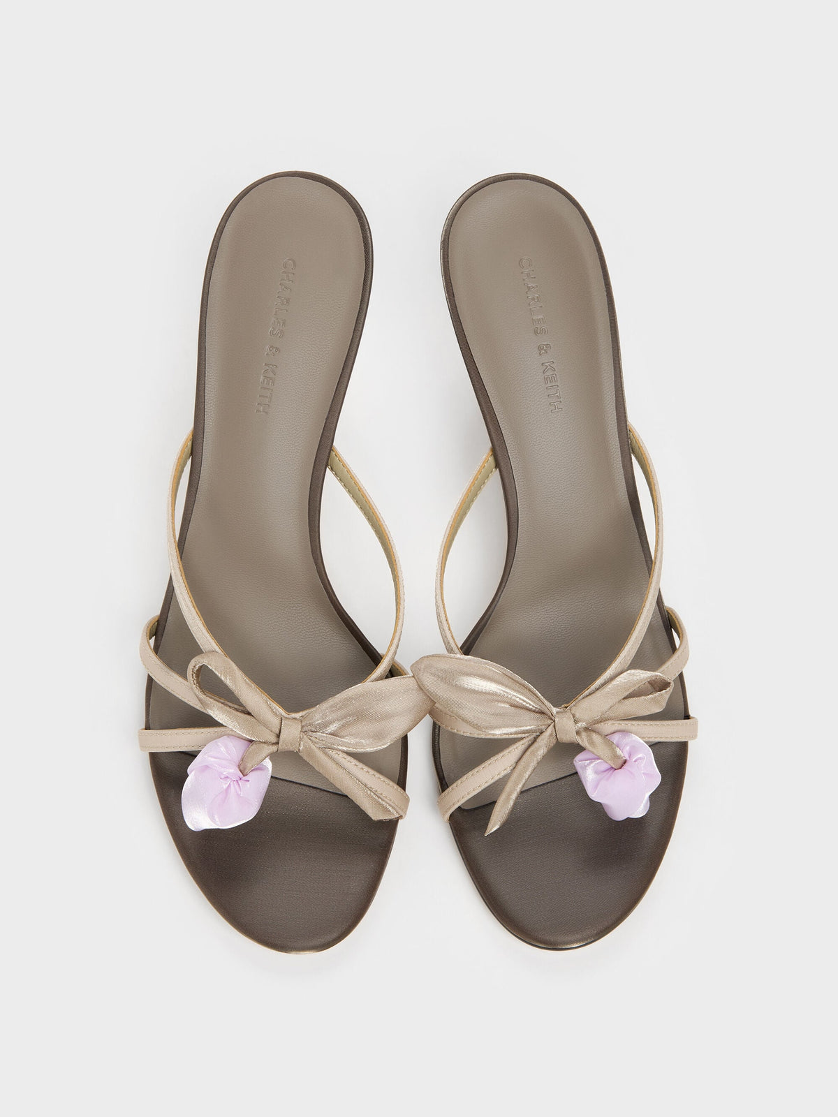 Bow Flower-Pearl Heeled Mules - Dark Brown Textured | CHARLES & KEITH