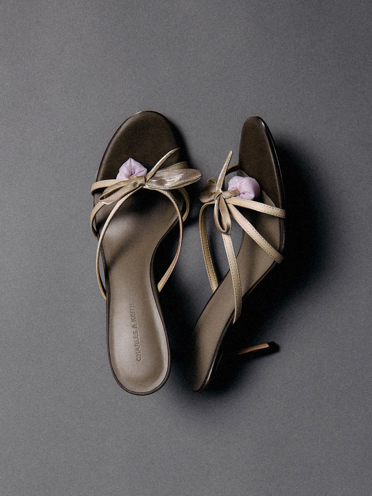Bow Flower-Pearl Heeled Mules - Dark Brown Textured | CHARLES & KEITH