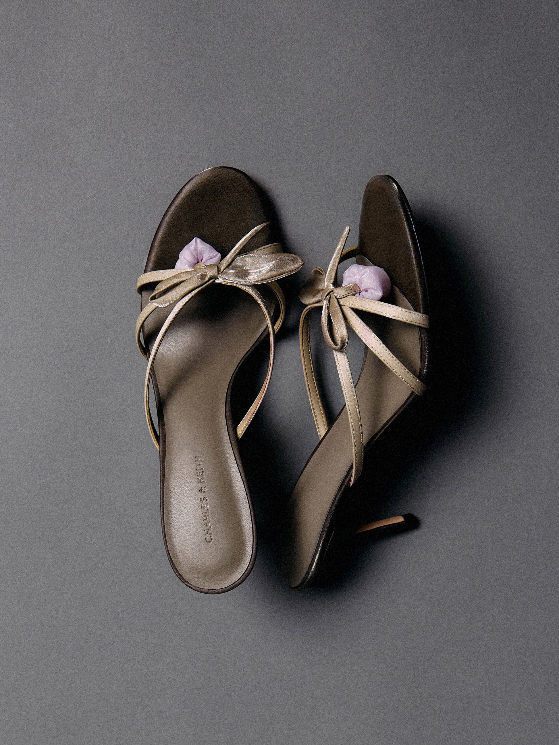 Bow Flower-Pearl Heeled Mules - Dark Brown Textured | CHARLES & KEITH