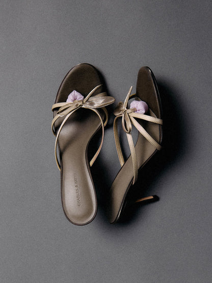 Bow Flower-Pearl Heeled Mules - Dark Brown Textured | CHARLES & KEITH