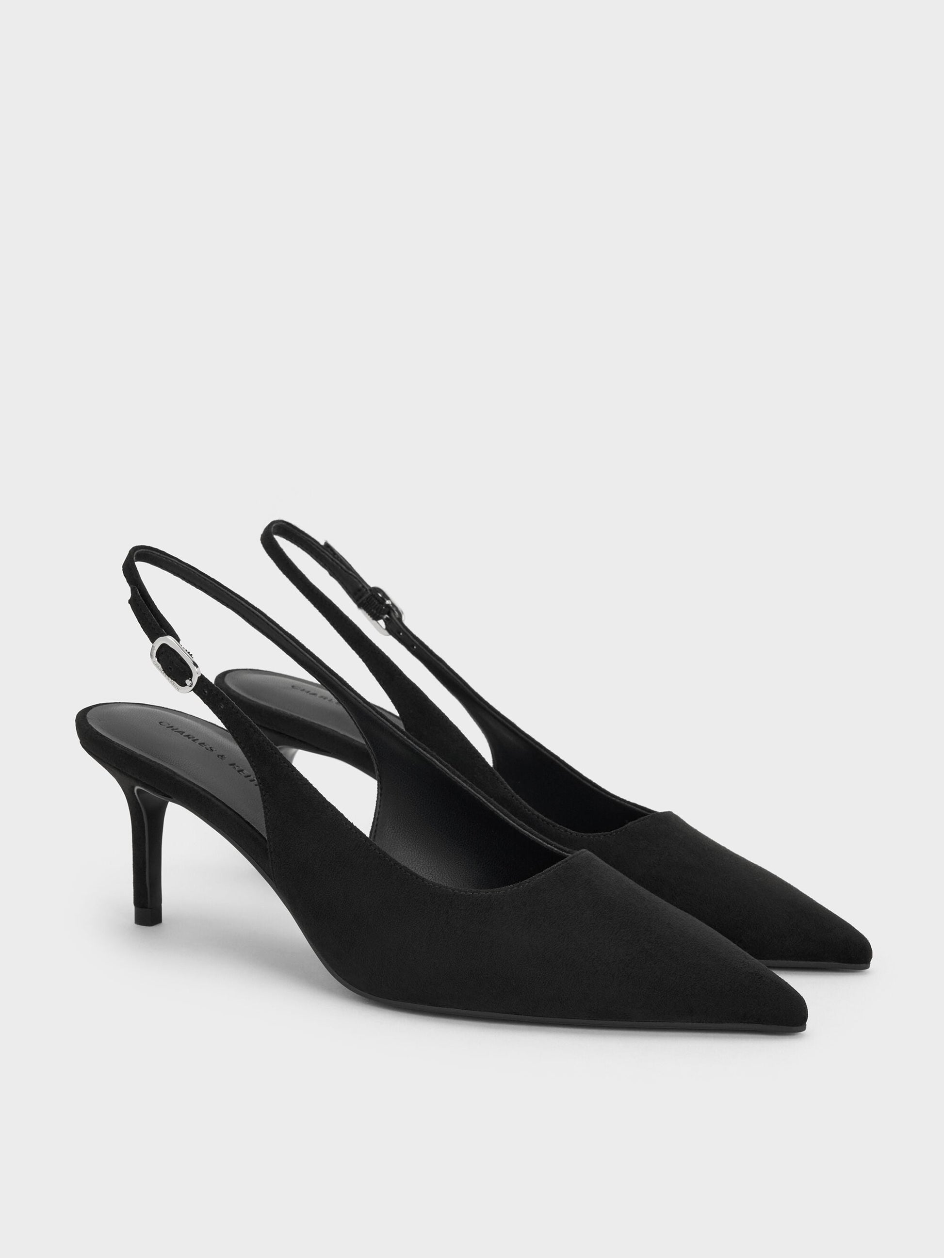 Kaia Faux Suede Slingback Pumps - Black Textured | CHARLES & KEITH
