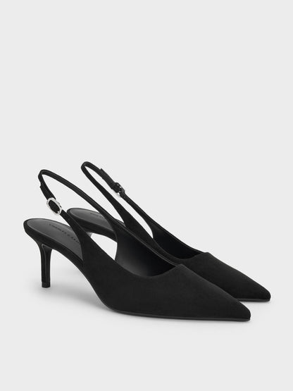 Kaia Faux Suede Slingback Pumps - Black Textured | CHARLES & KEITH