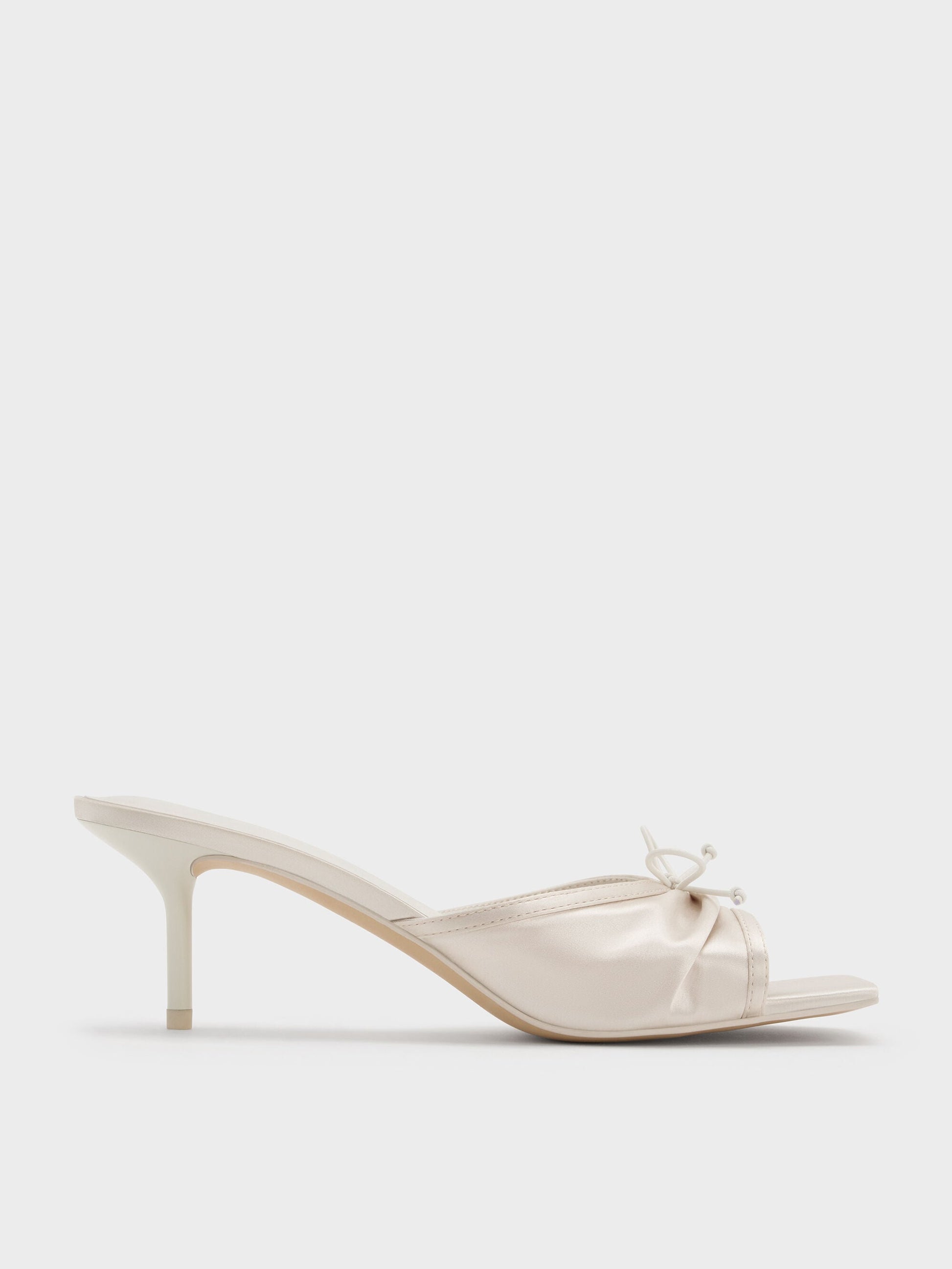 Sadira Satin Ruched Bow Heeled Mules - Chalk | CHARLES & KEITH