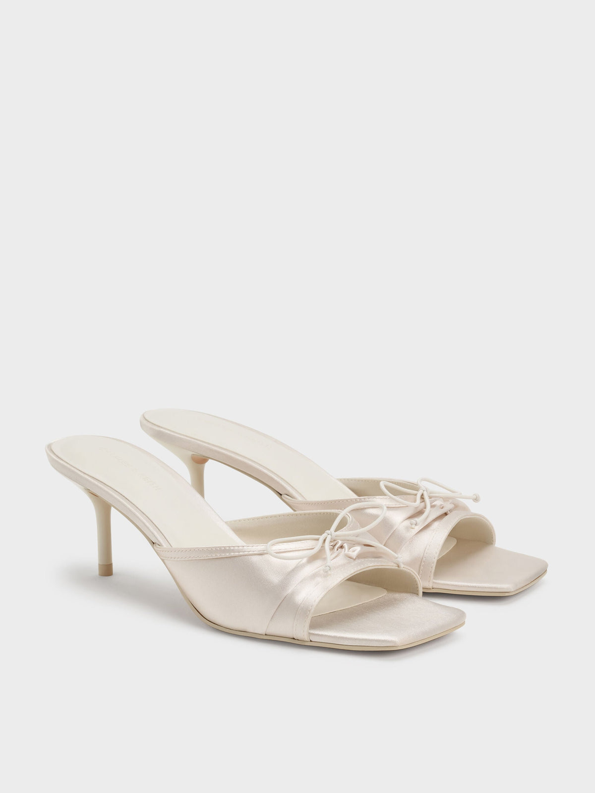 Sadira Satin Ruched Bow Heeled Mules - Chalk | CHARLES & KEITH