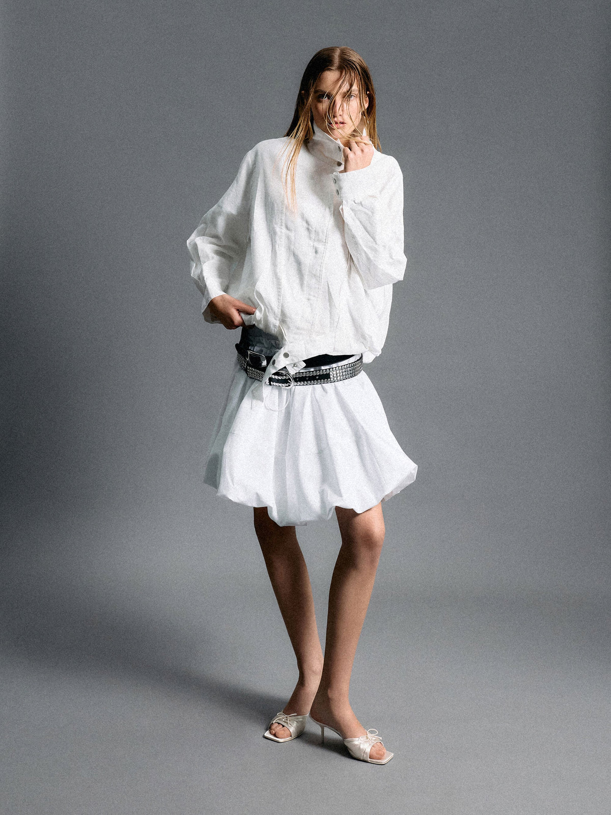 Sadira Satin Ruched Bow Heeled Mules - Chalk | CHARLES & KEITH