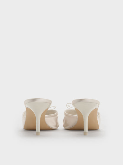 Sadira Satin Ruched Bow Heeled Mules - Chalk | CHARLES & KEITH
