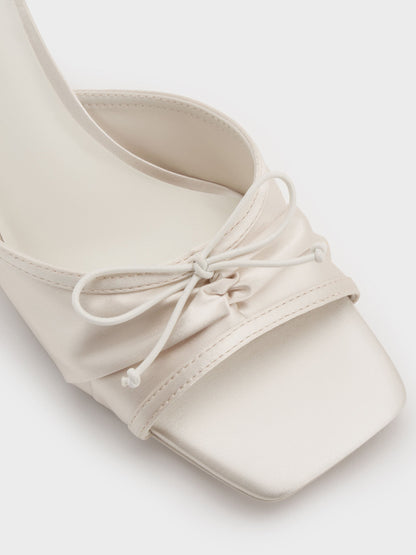 Sadira Satin Ruched Bow Heeled Mules - Chalk | CHARLES & KEITH