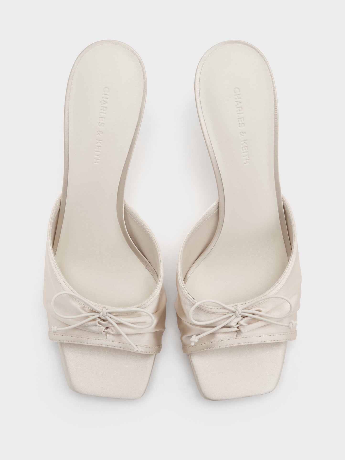 Sadira Satin Ruched Bow Heeled Mules - Chalk | CHARLES & KEITH