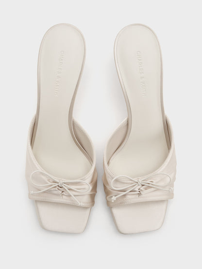 Sadira Satin Ruched Bow Heeled Mules - Chalk | CHARLES & KEITH