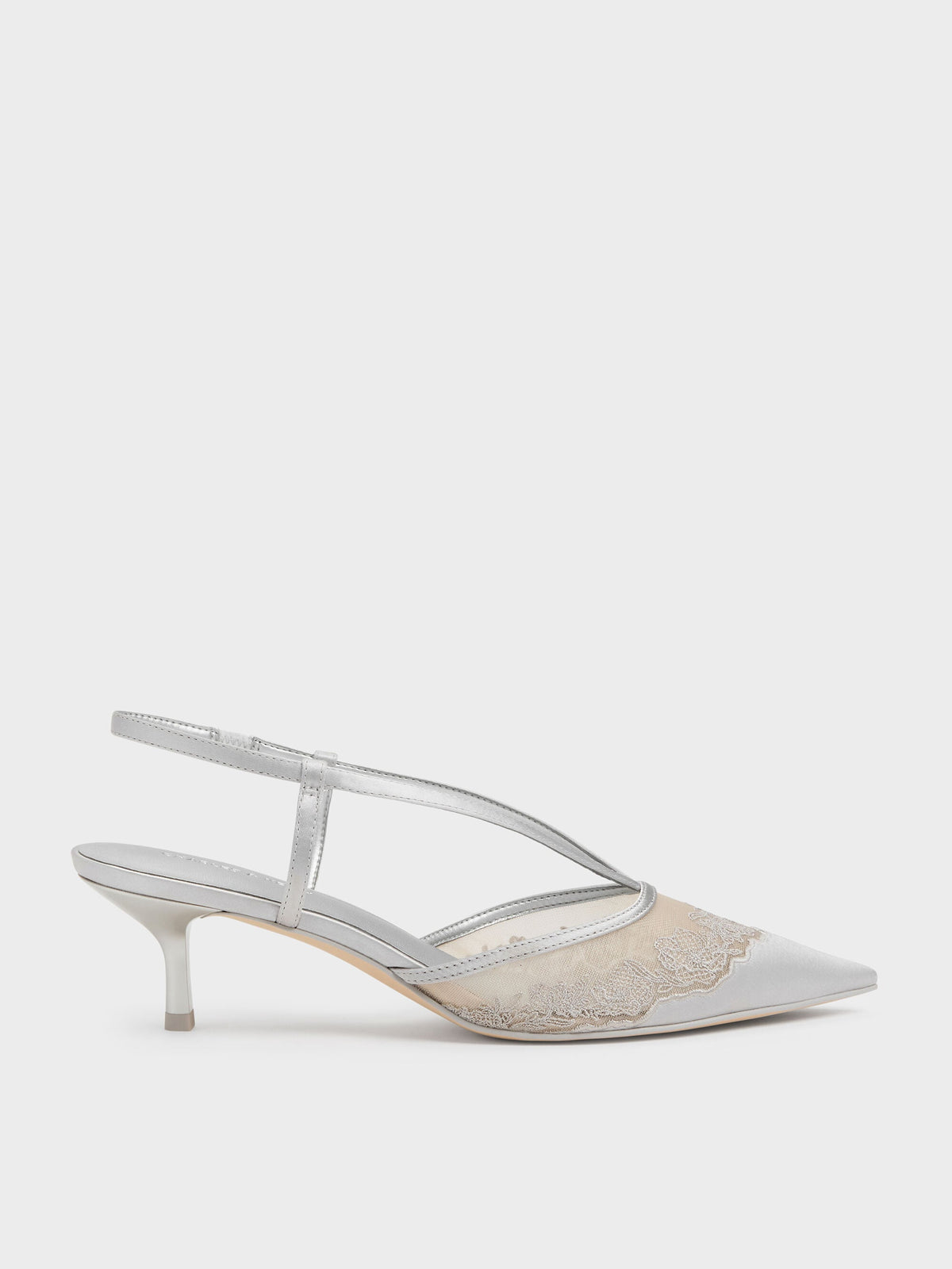 Satin Embroidered-Mesh Slingback Kitten Heels - Silver | CHARLES & KEITH