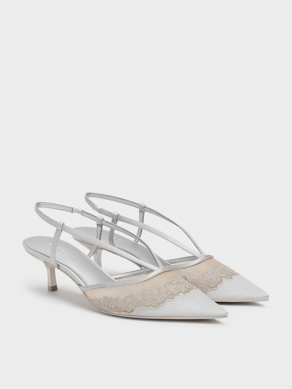 Satin Embroidered-Mesh Slingback Kitten Heels - Silver | CHARLES & KEITH