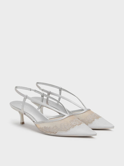 Satin Embroidered-Mesh Slingback Kitten Heels - Silver | CHARLES & KEITH