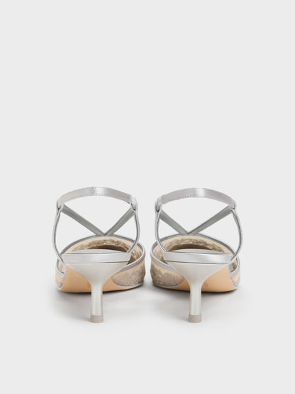 Satin Embroidered-Mesh Slingback Kitten Heels - Silver | CHARLES & KEITH
