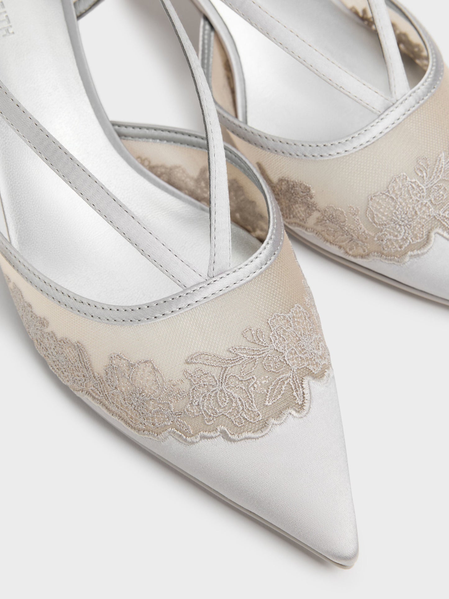 Satin Embroidered-Mesh Slingback Kitten Heels - Silver | CHARLES & KEITH