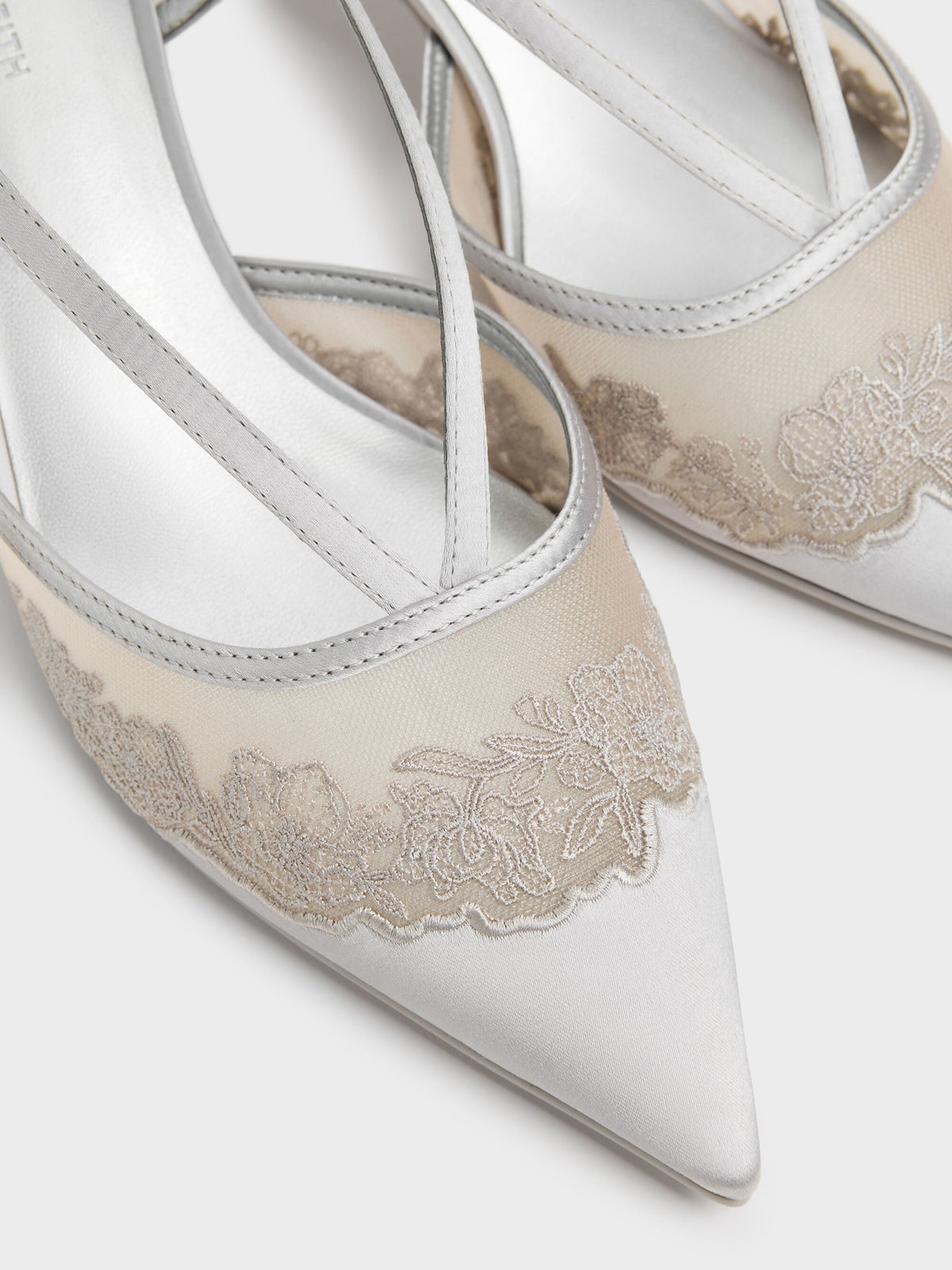 Satin Embroidered-Mesh Slingback Kitten Heels - Silver | CHARLES & KEITH