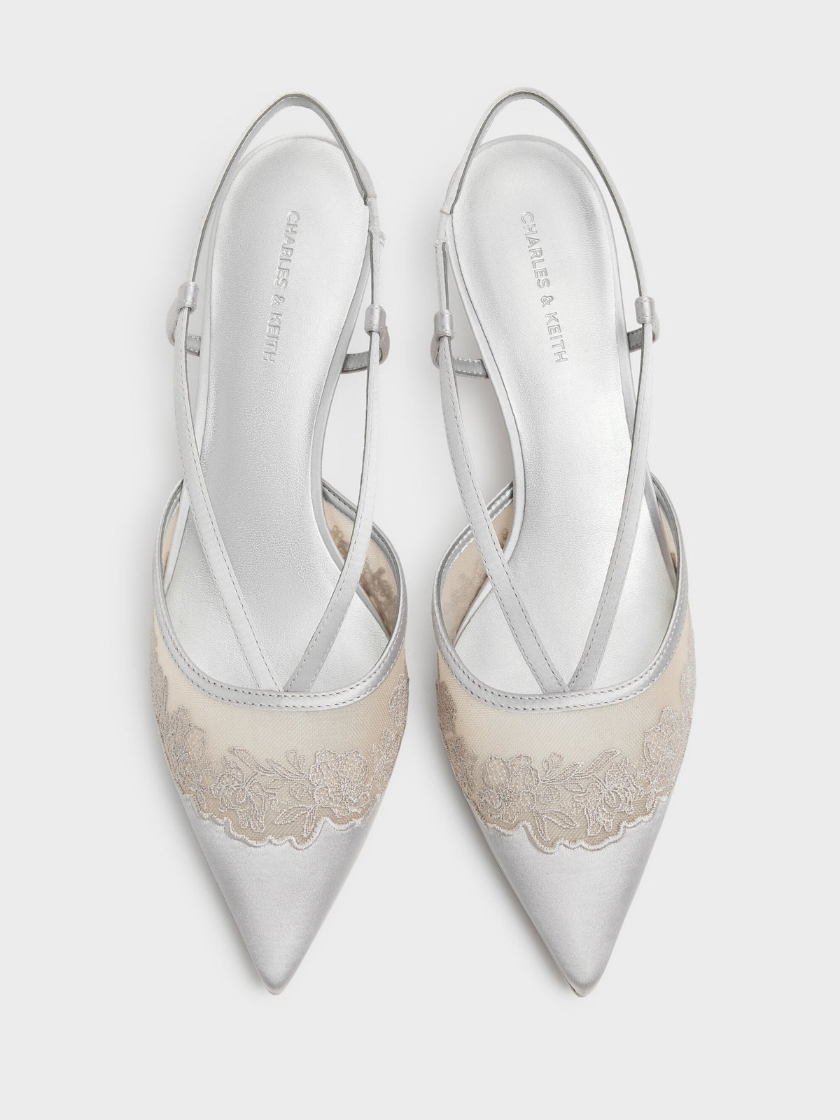 Satin Embroidered-Mesh Slingback Kitten Heels - Silver | CHARLES & KEITH