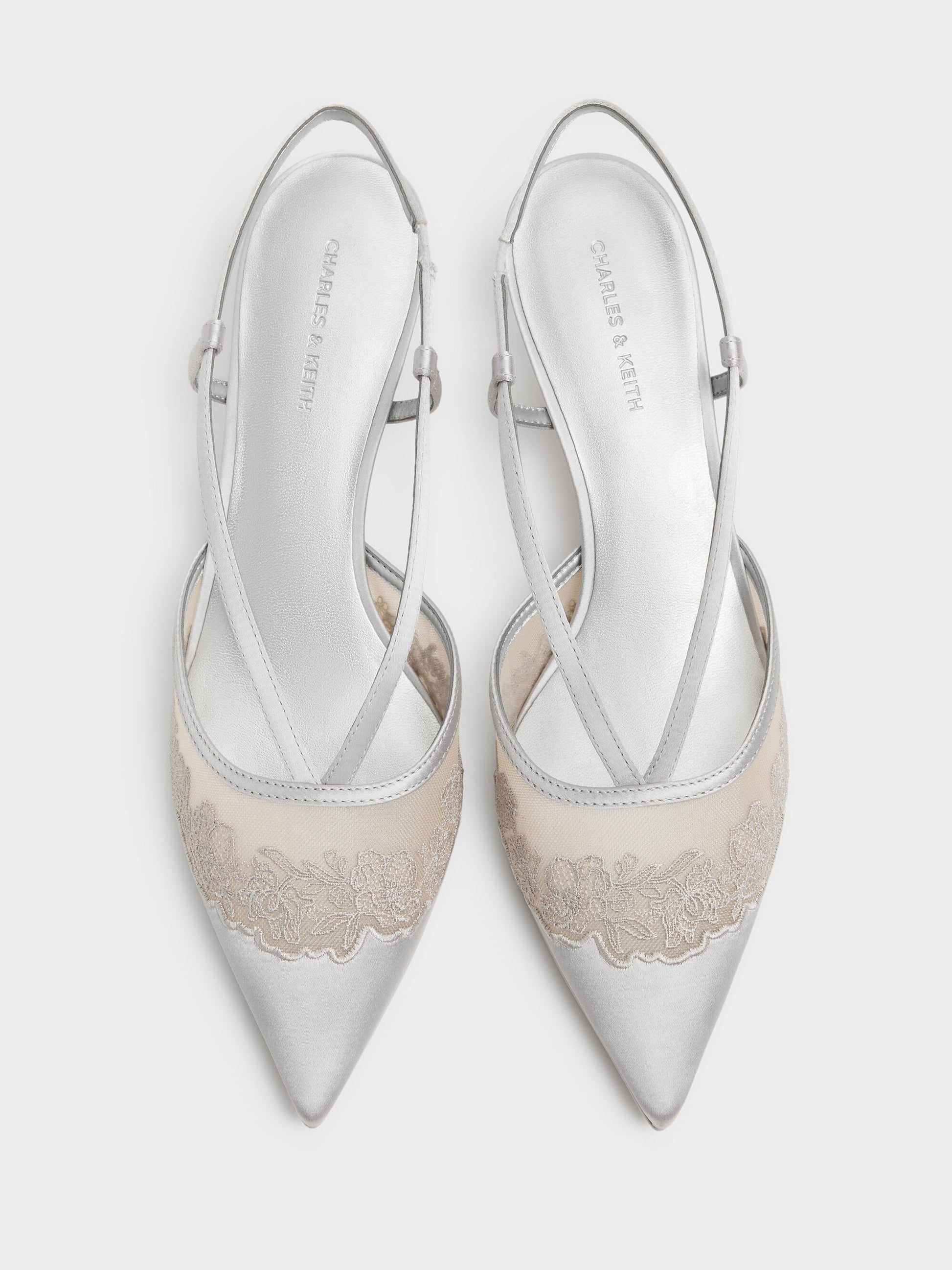 Satin Embroidered-Mesh Slingback Kitten Heels - Silver | CHARLES & KEITH