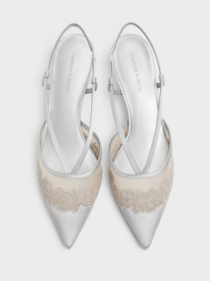 Satin Embroidered-Mesh Slingback Kitten Heels - Silver | CHARLES & KEITH