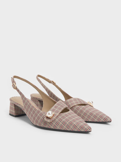 Marie Checkered Pearl Slingback Pumps - Multi | CHARLES & KEITH