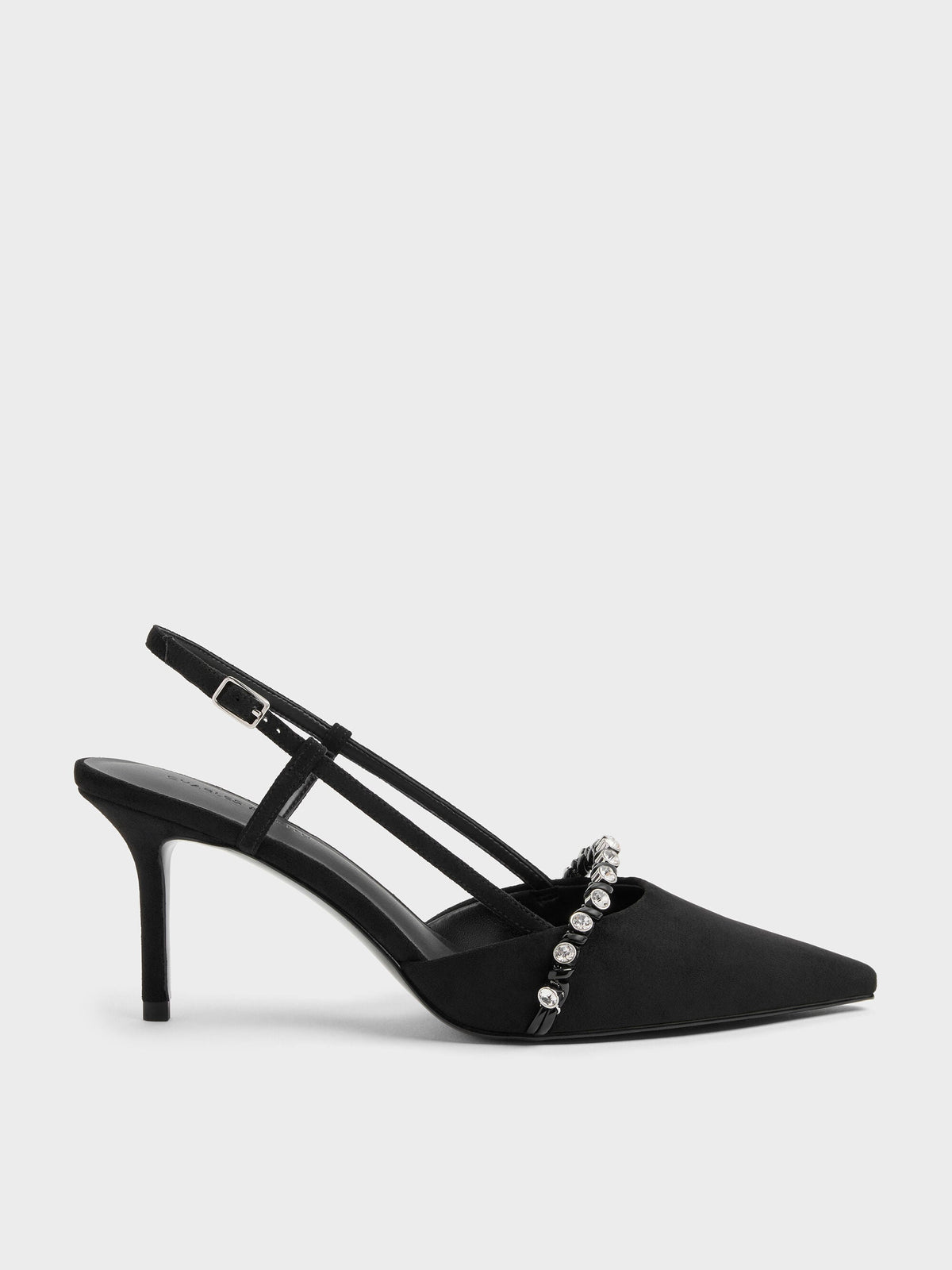 Faux Suede Crystal Slingback Pumps - Black Textured | CHARLES & KEITH