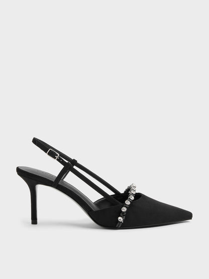 Faux Suede Crystal Slingback Pumps - Black Textured | CHARLES & KEITH