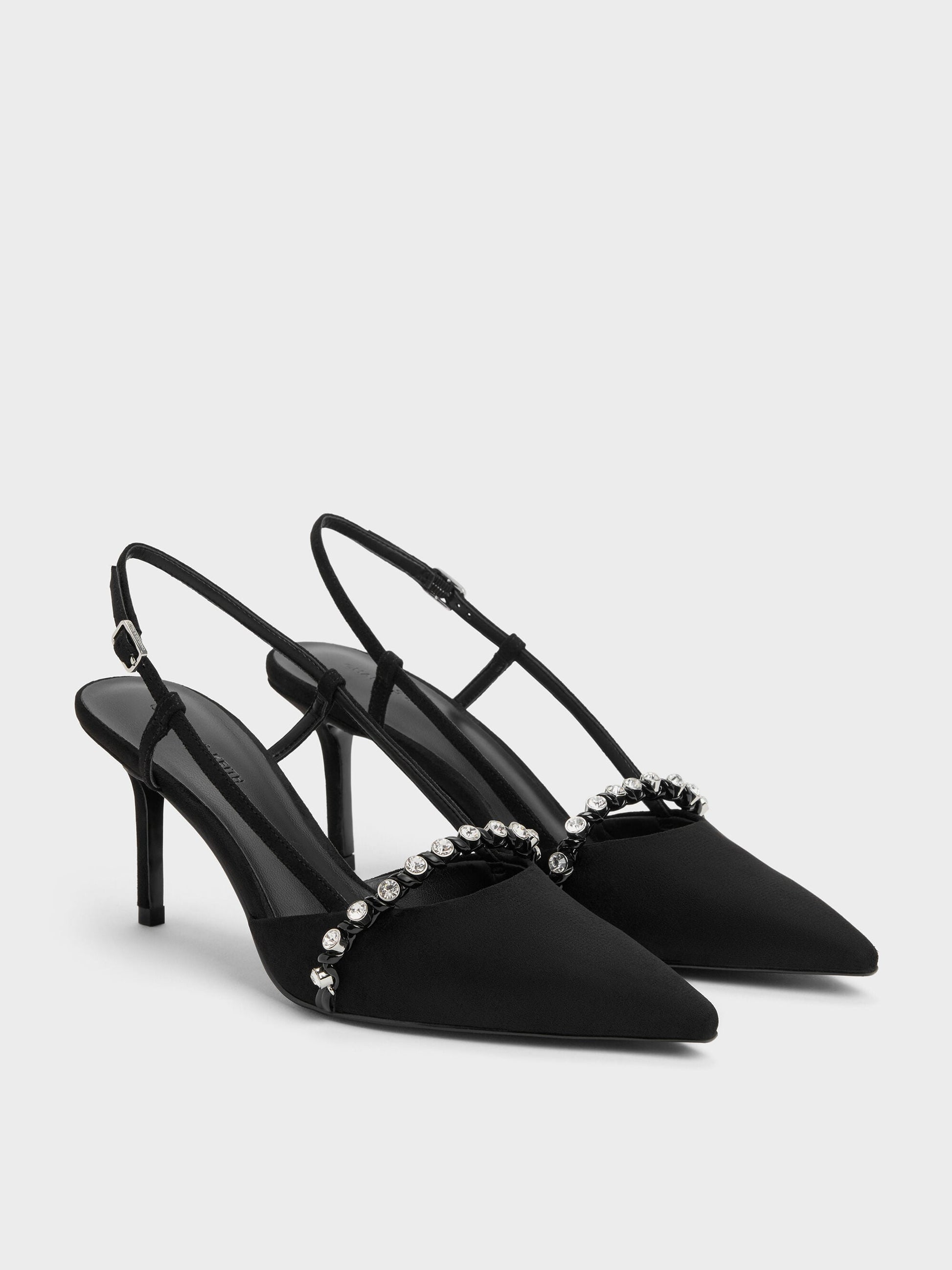 Faux Suede Crystal Slingback Pumps - Black Textured | CHARLES & KEITH