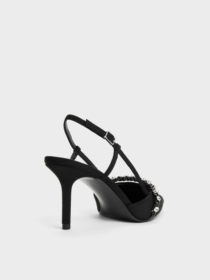 Faux Suede Crystal Slingback Pumps - Black Textured | CHARLES & KEITH
