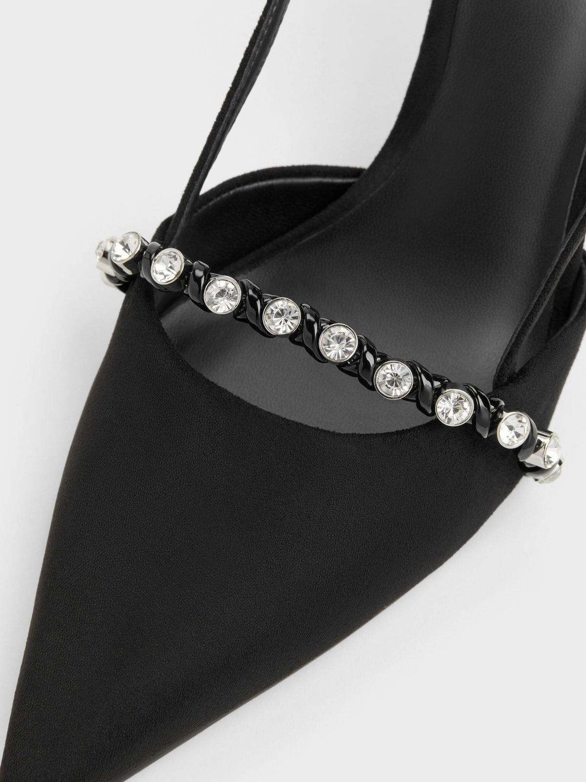 Faux Suede Crystal Slingback Pumps - Black Textured | CHARLES & KEITH
